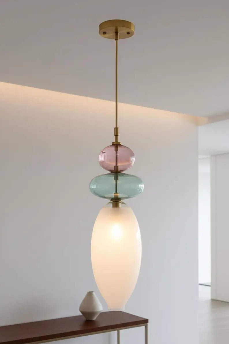 Hand Blown Glass Pendant Light, Murano Style Hanging Lamp, Brass Kitchen Island Pendant, Multicolor Glass Ceiling Light, Modern Lighting | Les Trois Pyramides