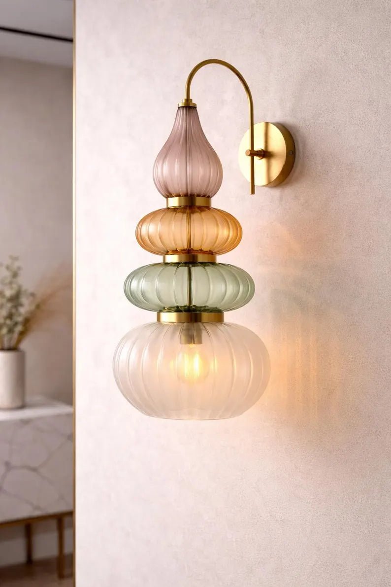 Murano Style Ribbed Glass Wall Sconce, Stacked Glass Wall Light, Brass Wall Lamp, Multicolor Glass Lighting, Handmade Modern Wall Fixture | Les Trois Pyramides