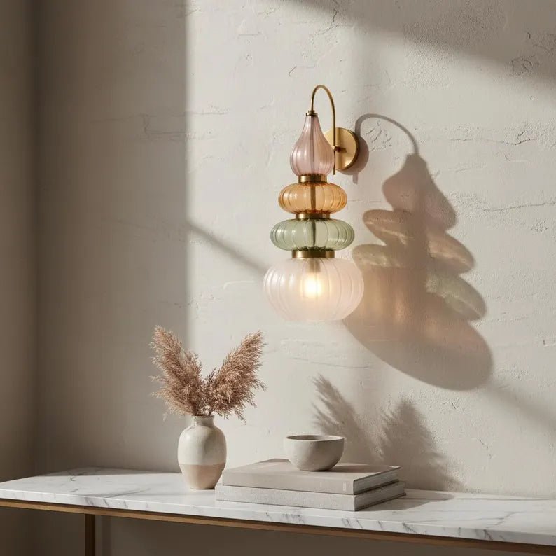 Murano Style Ribbed Glass Wall Sconce, Stacked Glass Wall Light, Brass Wall Lamp, Multicolor Glass Lighting, Handmade Modern Wall Fixture | Les Trois Pyramides