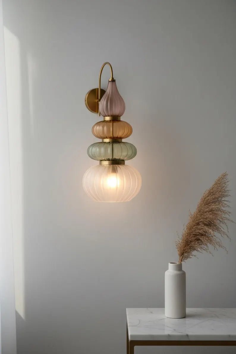Murano Style Ribbed Glass Wall Sconce, Stacked Glass Wall Light, Brass Wall Lamp, Multicolor Glass Lighting, Handmade Modern Wall Fixture | Les Trois Pyramides