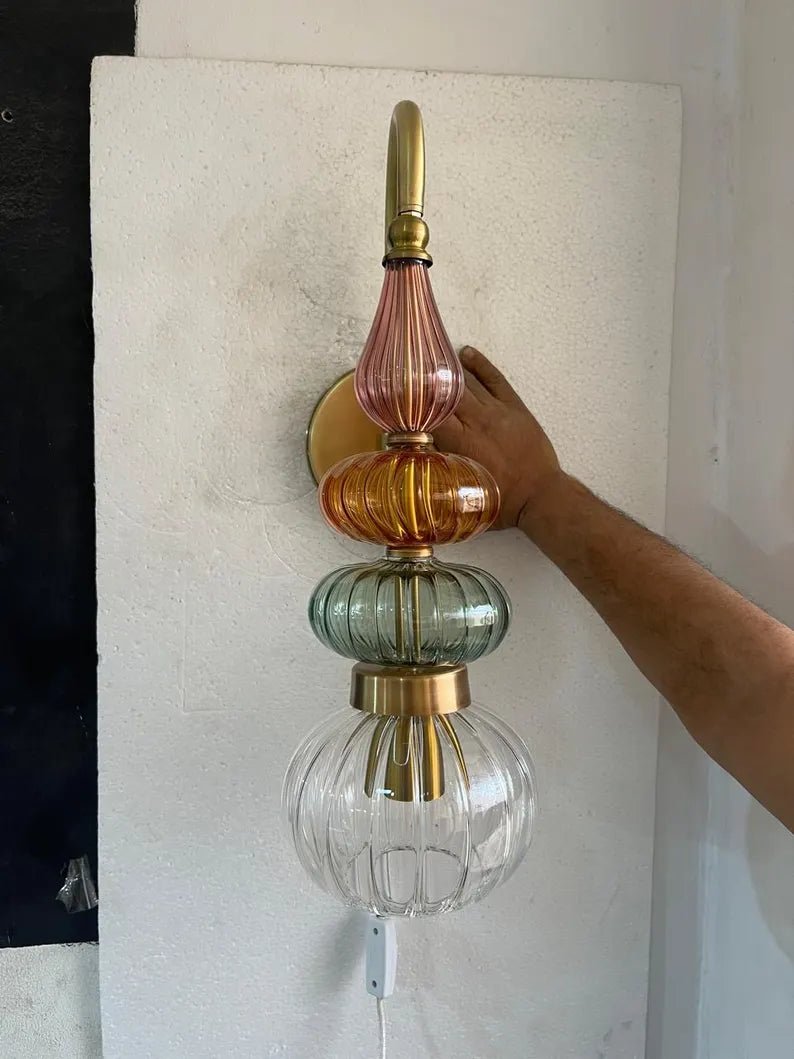 Murano Style Ribbed Glass Wall Sconce, Stacked Glass Wall Light, Brass Wall Lamp, Multicolor Glass Lighting, Handmade Modern Wall Fixture | Les Trois Pyramides