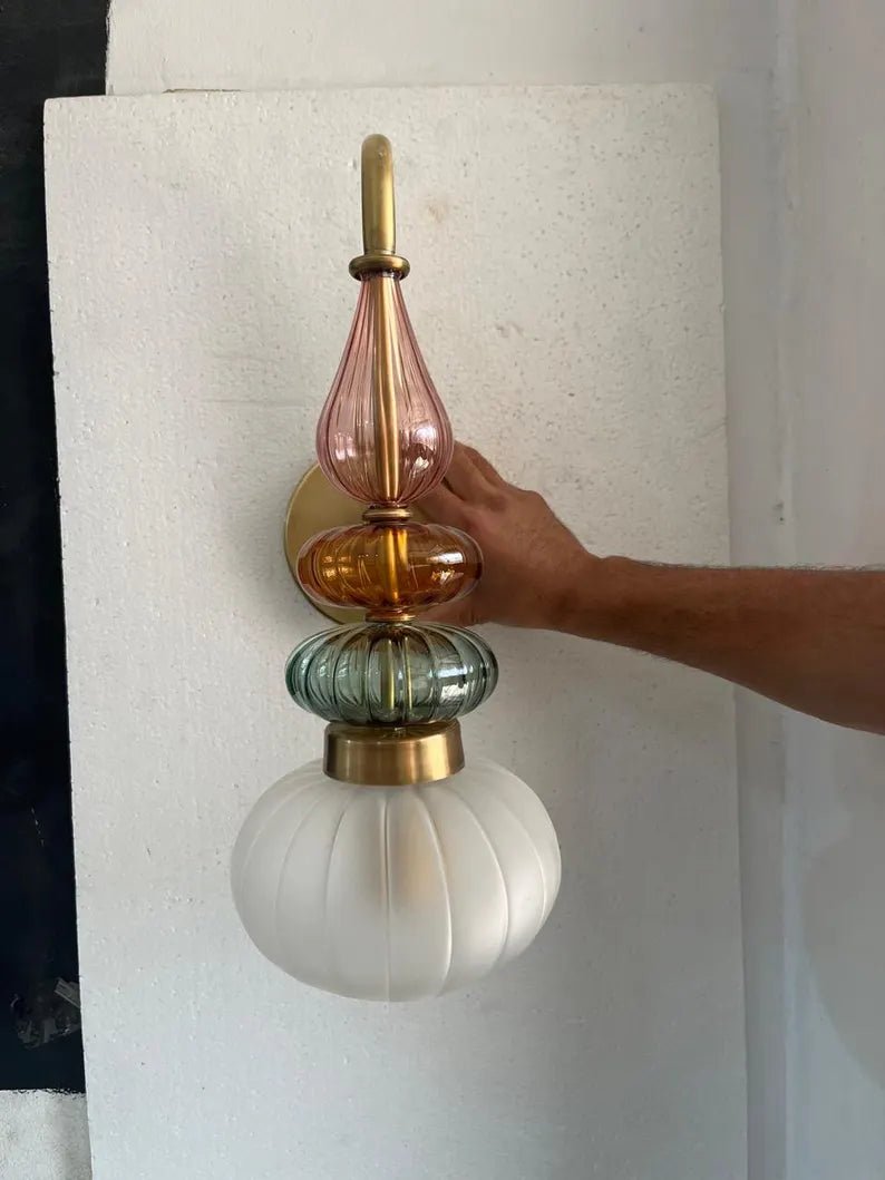 Murano Style Ribbed Glass Wall Sconce, Stacked Glass Wall Light, Brass Wall Lamp, Multicolor Glass Lighting, Handmade Modern Wall Fixture | Les Trois Pyramides