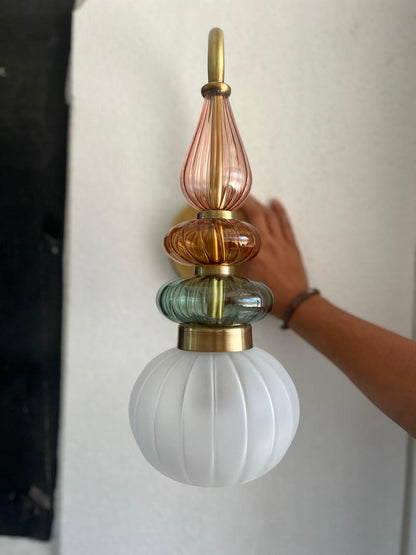 Murano Style Ribbed Glass Wall Sconce with Brass – Modern Wall Light