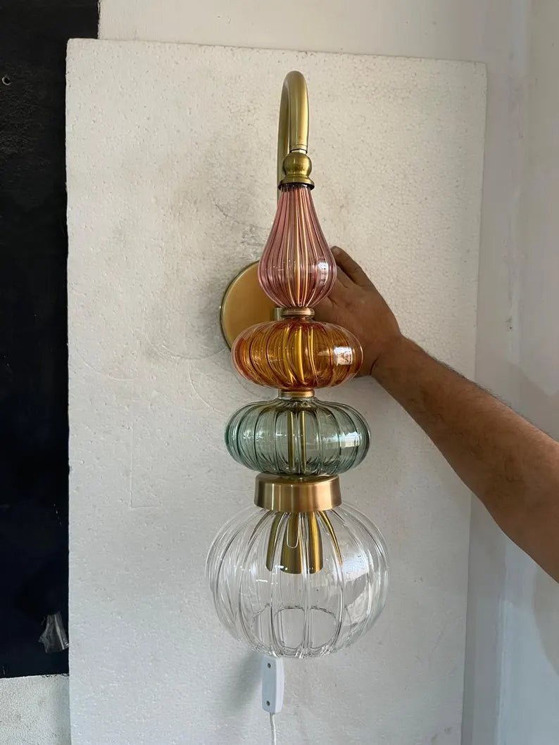 Murano Style Ribbed Glass Wall Sconce, Stacked Glass Wall Light, Brass Wall Lamp, Multicolor Glass Lighting, Handmade Modern Wall Fixture | Les Trois Pyramides