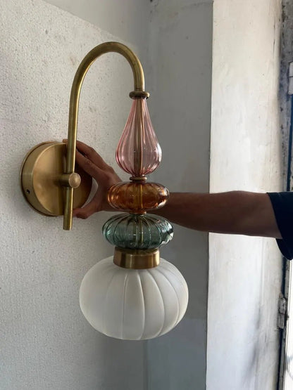 Murano Style Ribbed Glass Wall Sconce, Stacked Glass Wall Light, Brass Wall Lamp, Multicolor Glass Lighting, Handmade Modern Wall Fixture | Les Trois Pyramides