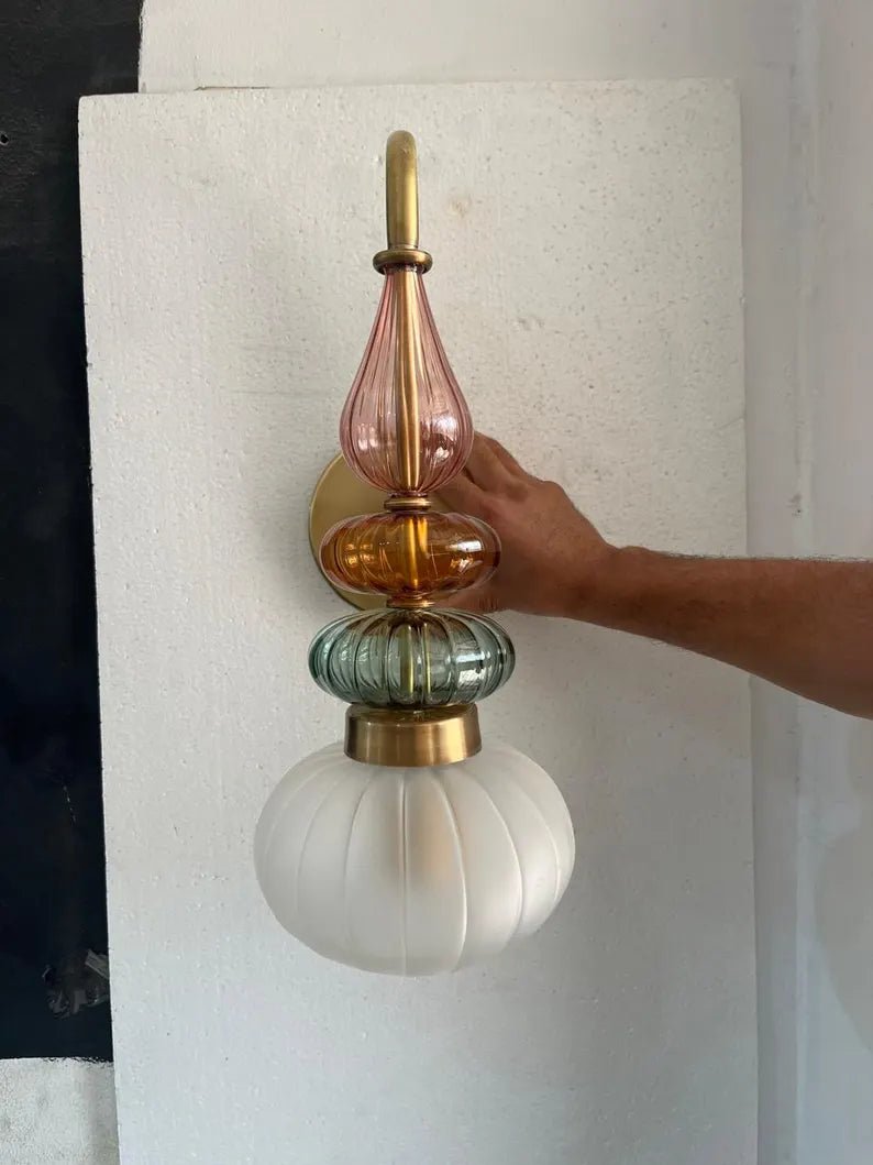 Murano Style Ribbed Glass Wall Sconce, Stacked Glass Wall Light, Brass Wall Lamp, Multicolor Glass Lighting, Handmade Modern Wall Fixture | Les Trois Pyramides