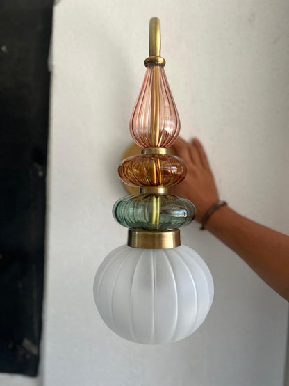 Murano Style Ribbed Glass Wall Sconce with Brass – Modern Wall Light
