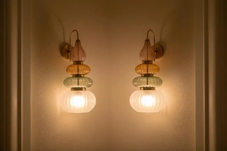 Murano Style Ribbed Glass Wall Sconce, Stacked Glass Wall Light, Brass Wall Lamp, Multicolor Glass Lighting, Handmade Modern Wall Fixture | Les Trois Pyramides