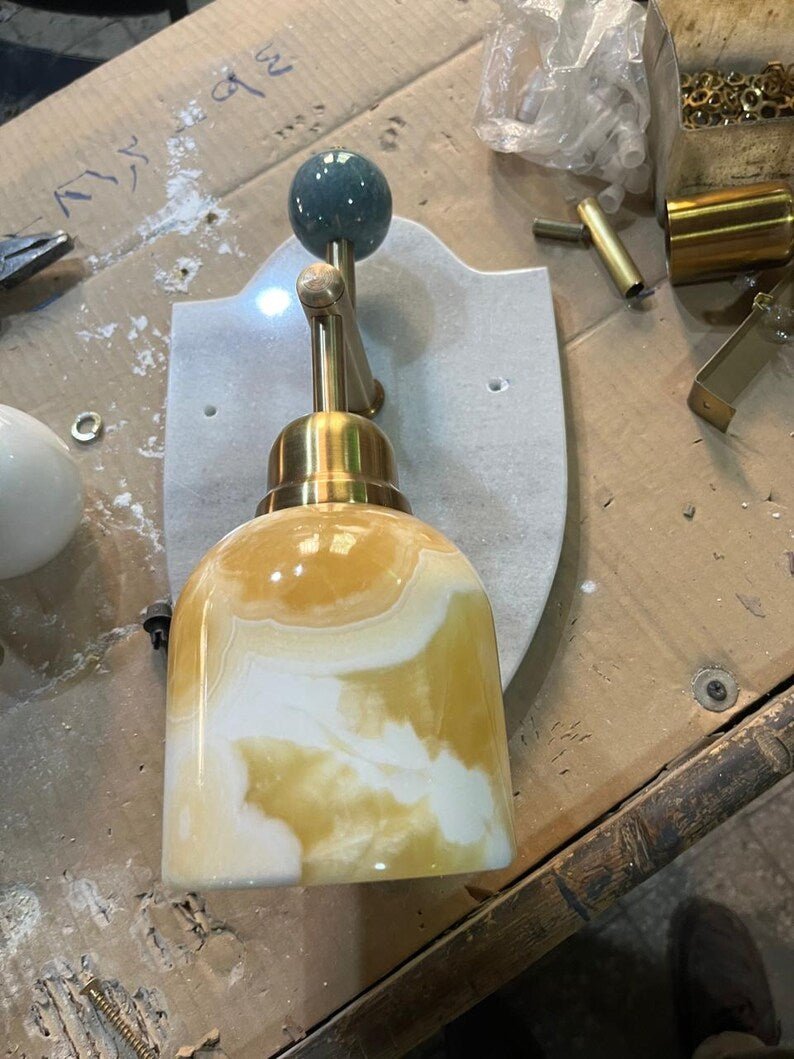 Artisanal Natural Marble Sconce | Handmade Stone Fixture with Brass Hardware | Les Trois Pyramides