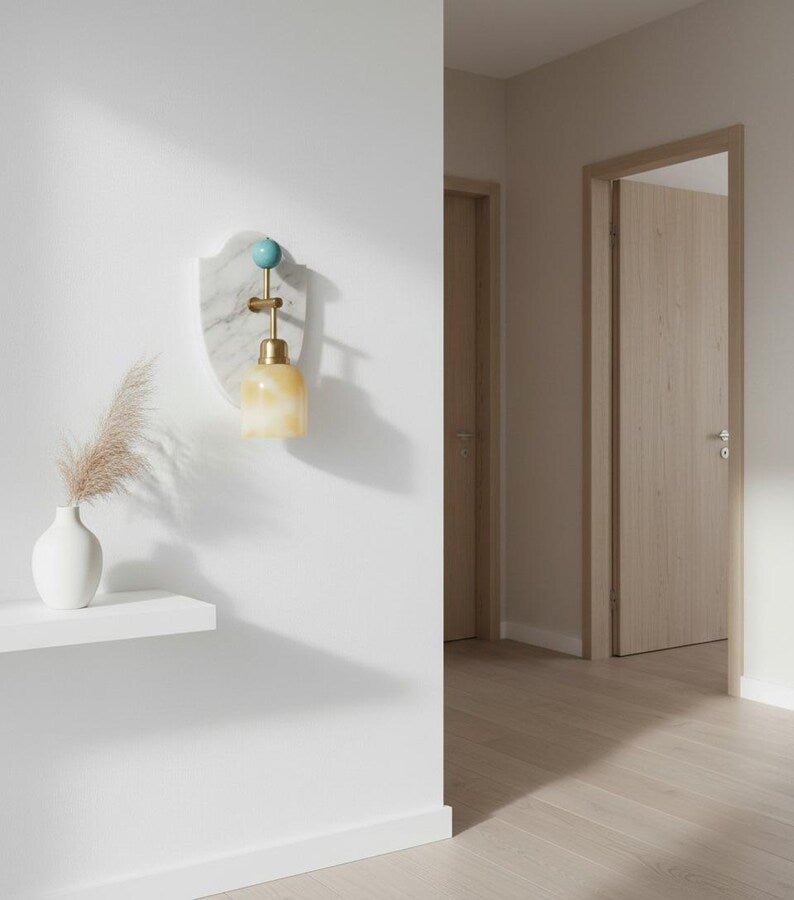 Artisanal Natural Marble Sconce | Handmade Stone Fixture with Brass Hardware | Les Trois Pyramides