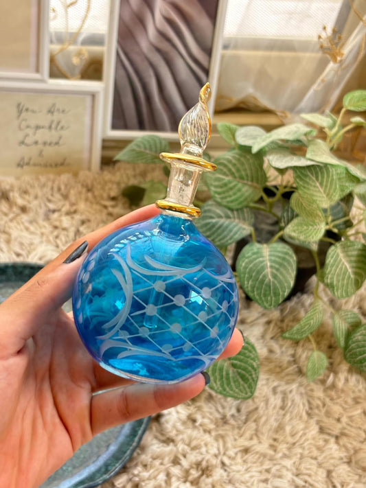 Blue Blown Glass perfume Bottle with 14K Gold | Les Trois Pyramides