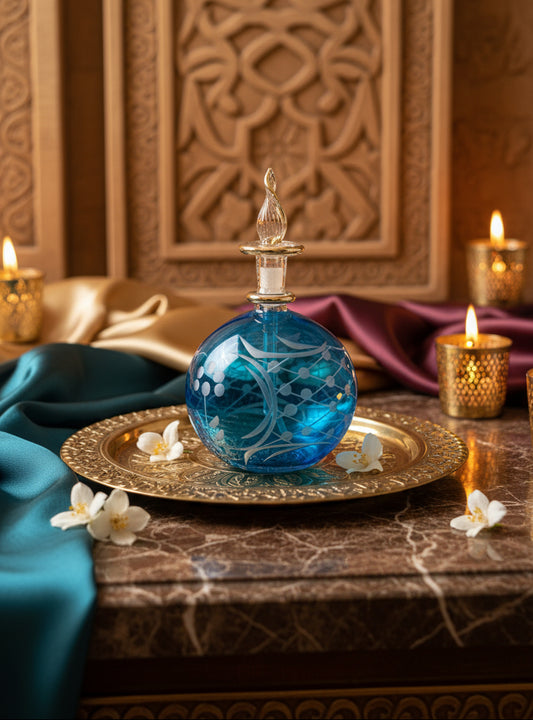 Blue Blown Glass perfume Bottle with 14K Gold | Les Trois Pyramides