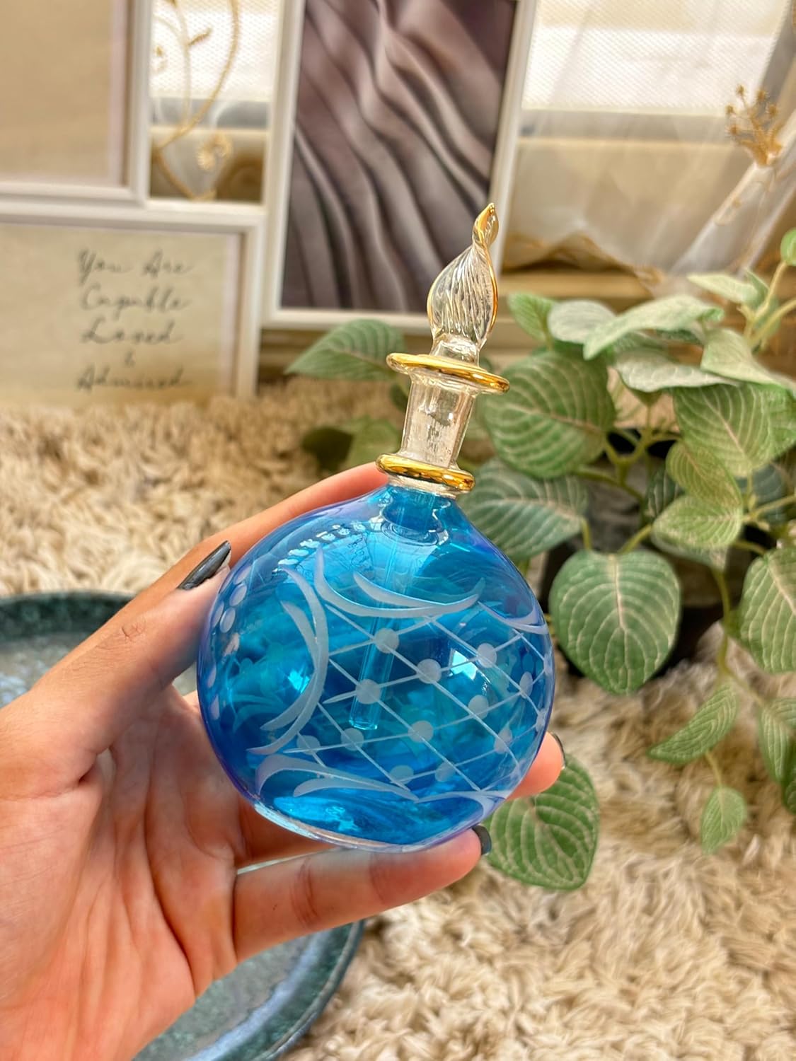 Blue Blown Glass perfume Bottle with 14K Gold | Les Trois Pyramides