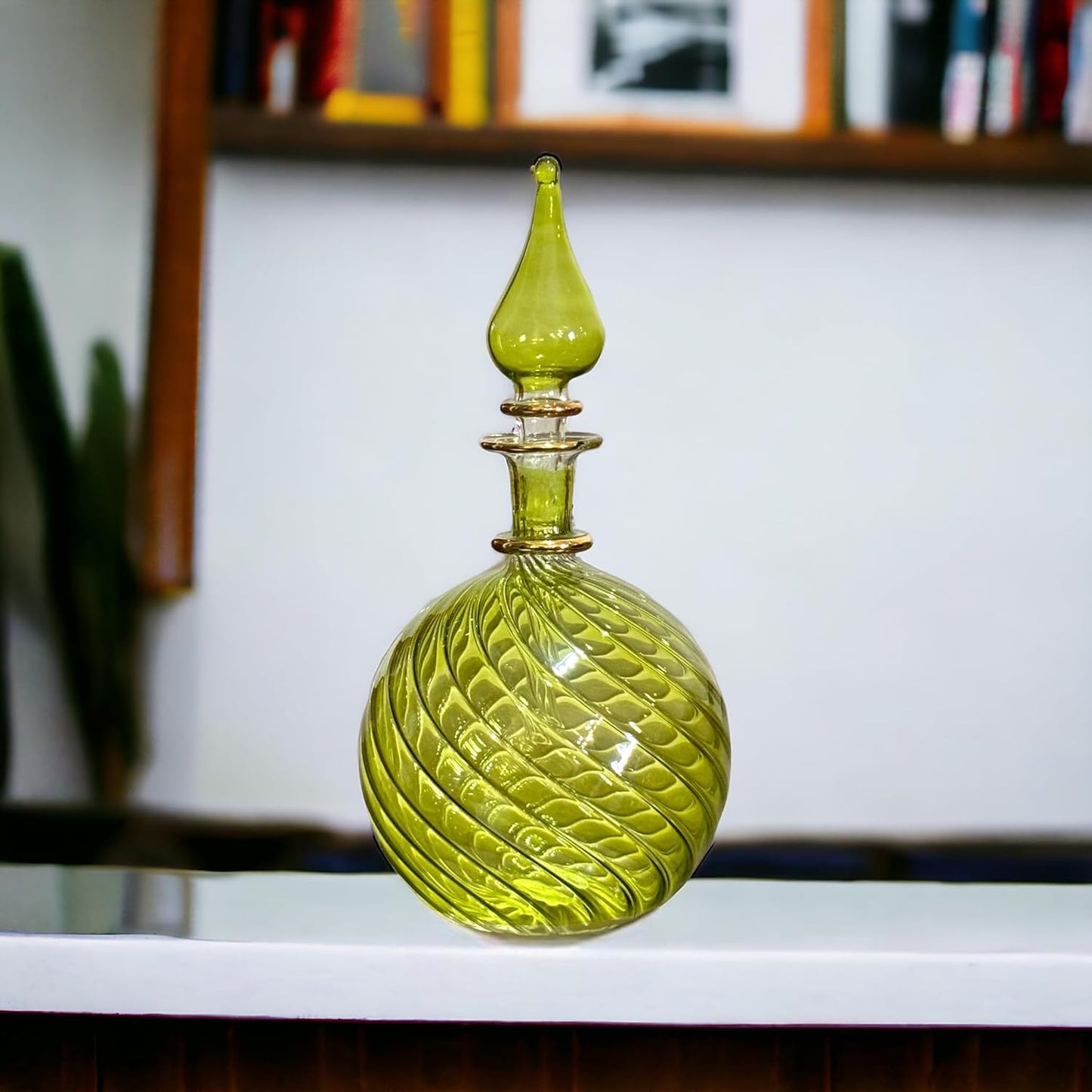 Green Ribbed Blown Glass perfume Bottle with 14K Gold | Les Trois Pyramides