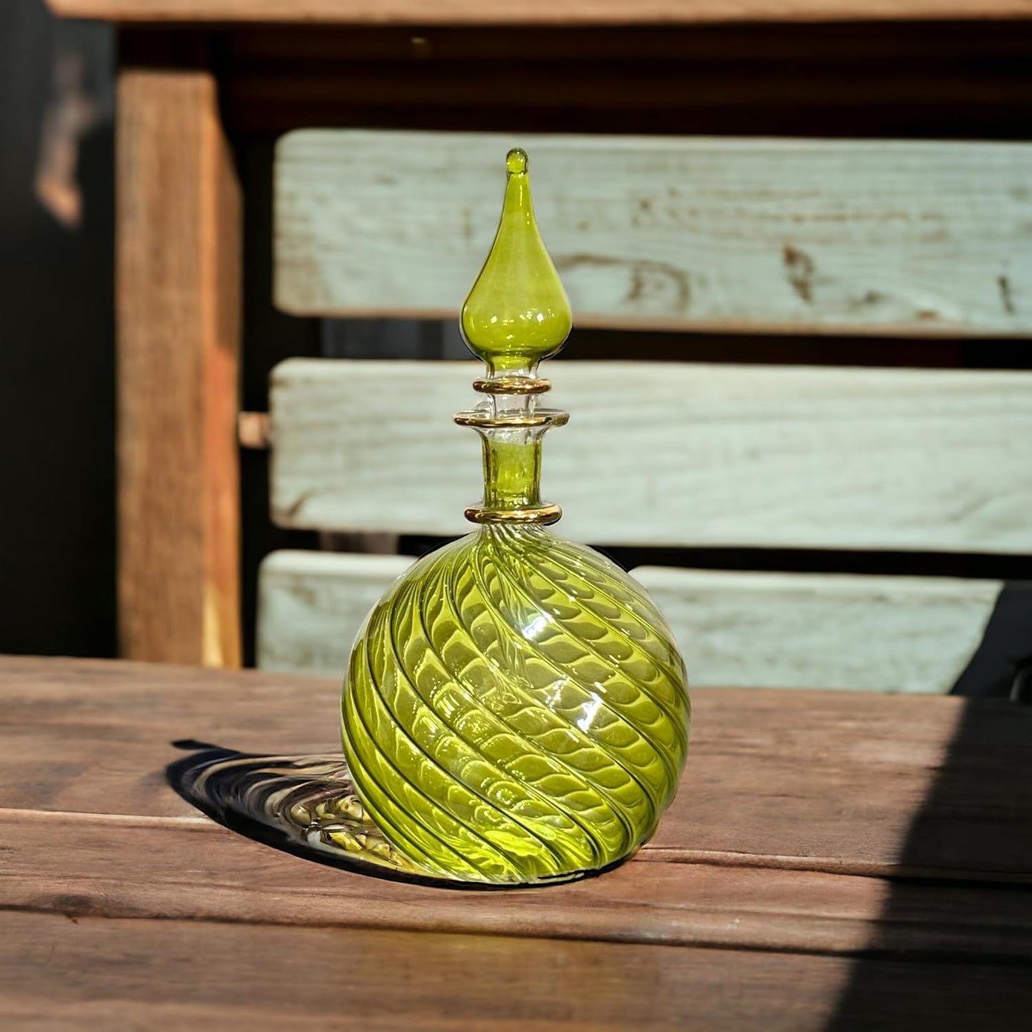 Green Ribbed Blown Glass perfume Bottle with 14K Gold | Les Trois Pyramides