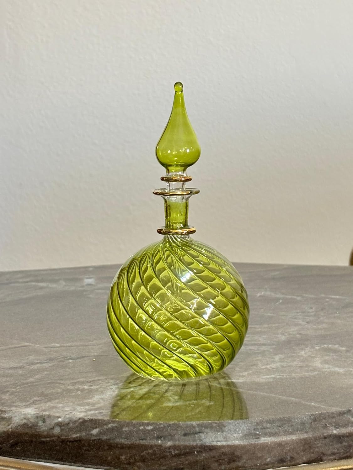 Green Ribbed Blown Glass perfume Bottle with 14K Gold | Les Trois Pyramides