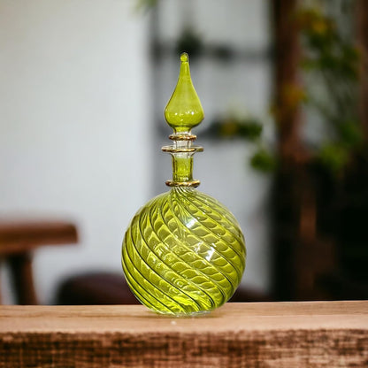 Green Ribbed Blown Glass perfume Bottle with 14K Gold | Les Trois Pyramides