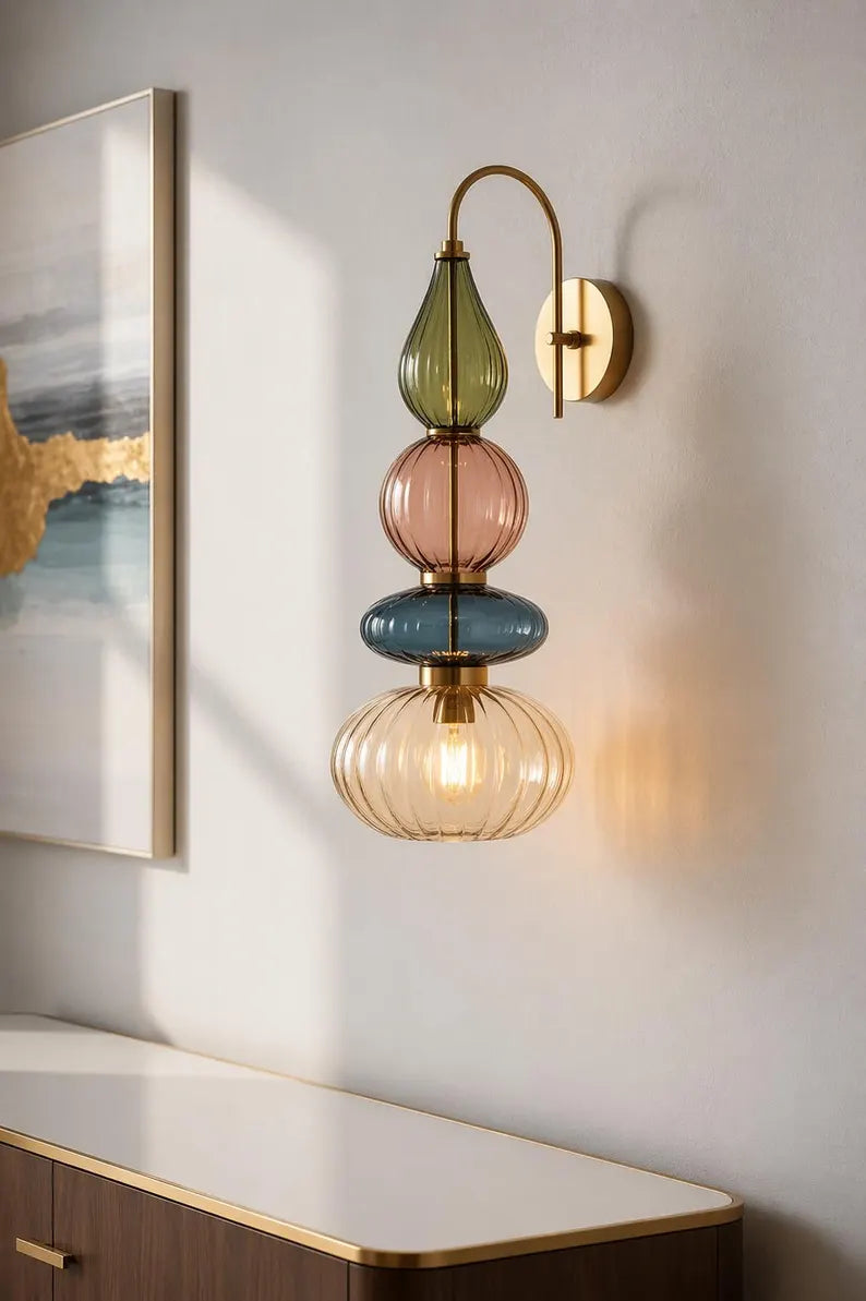 Glass Wall Sconce Light, Handmade Brass Wall Lamp, Modern Bathroom Vanity Lighting, Colored Glass Wall Fixture, Bedside Light | Les Trois Pyramides 