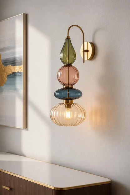 Glass Wall Sconce Light, Handmade Brass Wall Lamp, Modern Bathroom Vanity Lighting, Colored Glass Wall Fixture, Bedside Light | Les Trois Pyramides 