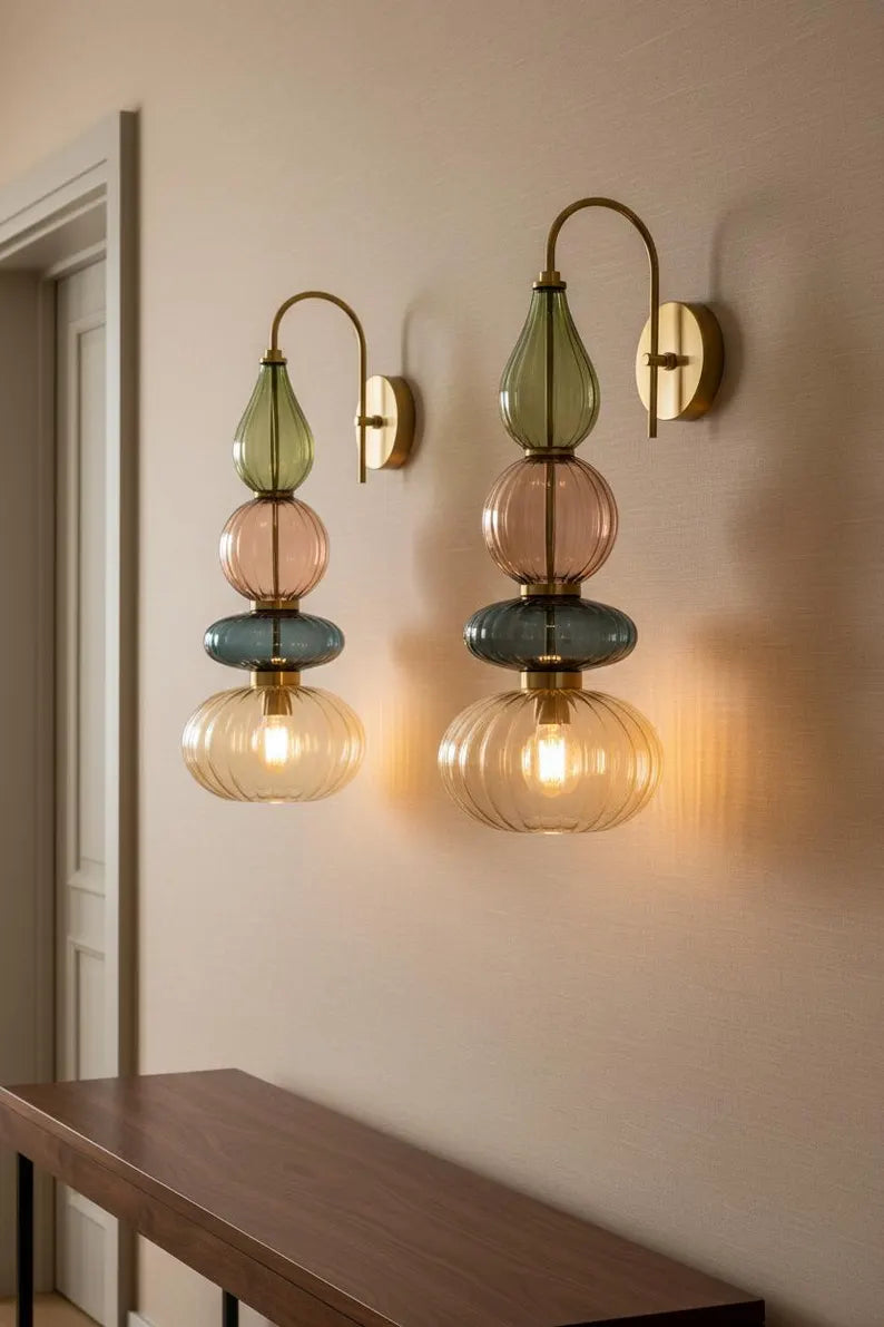 Glass Wall Sconce Light, Handmade Brass Wall Lamp, Modern Bathroom Vanity Lighting, Colored Glass Wall Fixture, Bedside Light | Les Trois Pyramides 