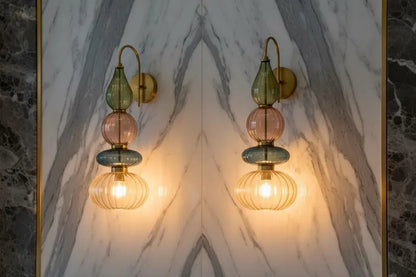 Glass Wall Sconce Light, Handmade Brass Wall Lamp, Modern Bathroom Vanity Lighting, Colored Glass Wall Fixture, Bedside Light | Les Trois Pyramides 