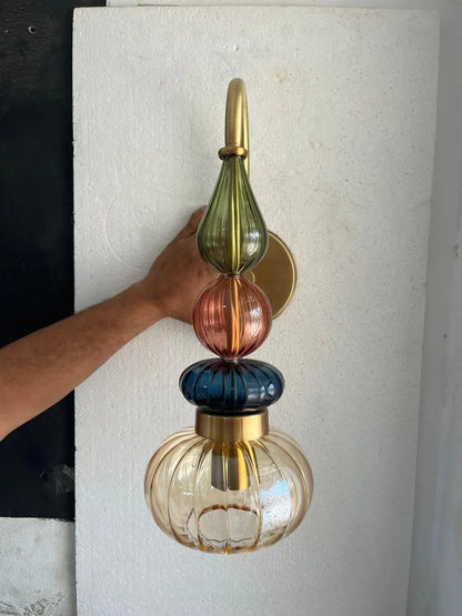 Glass Wall Sconce Light, Handmade Brass Wall Lamp, Modern Bathroom Vanity Lighting, Colored Glass Wall Fixture, Bedside Light | Les Trois Pyramides 
