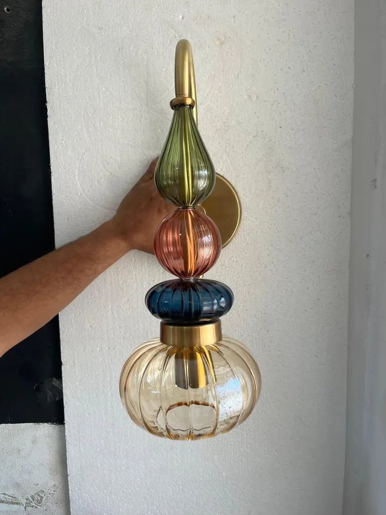 Glass Wall Sconce Light, Handmade Brass Wall Lamp, Modern Bathroom Vanity Lighting, Colored Glass Wall Fixture, Bedside Light | Les Trois Pyramides 