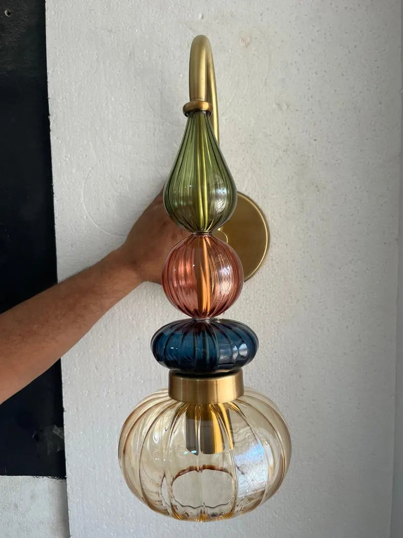 Glass Wall Sconce Light, Handmade Brass Wall Lamp, Modern Bathroom Vanity Lighting, Colored Glass Wall Fixture, Bedside Light | Les Trois Pyramides 