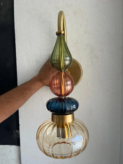 Glass Wall Sconce Light, Handmade Brass Wall Lamp, Modern Bathroom Vanity Lighting, Colored Glass Wall Fixture, Bedside Light | Les Trois Pyramides 