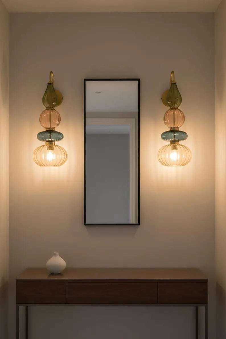 Glass Wall Sconce Light, Handmade Brass Wall Lamp, Modern Bathroom Vanity Lighting, Colored Glass Wall Fixture, Bedside Light | Les Trois Pyramides 
