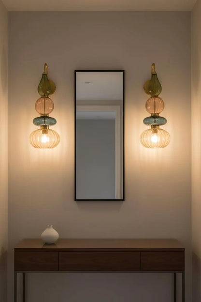 Glass Wall Sconce Light, Handmade Brass Wall Lamp, Modern Bathroom Vanity Lighting, Colored Glass Wall Fixture, Bedside Light | Les Trois Pyramides 