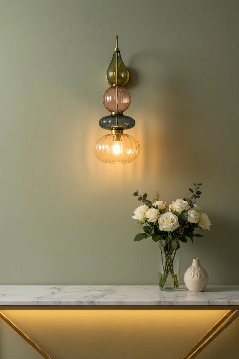 Glass Wall Sconce Light, Handmade Brass Wall Lamp, Modern Bathroom Vanity Lighting, Colored Glass Wall Fixture, Bedside Light | Les Trois Pyramides 
