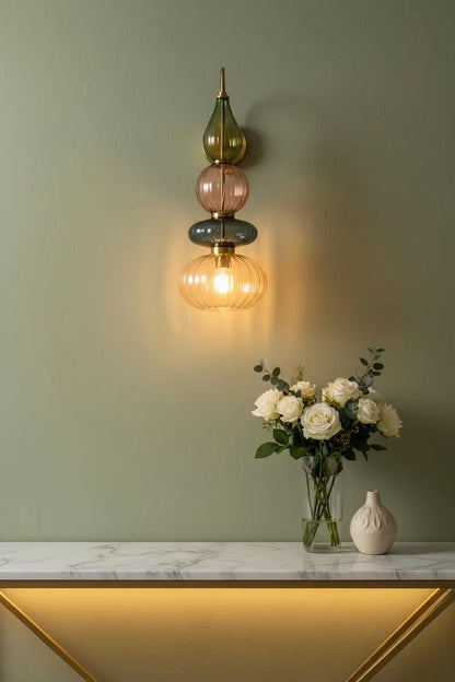 Glass Wall Sconce Light, Handmade Brass Wall Lamp, Modern Bathroom Vanity Lighting, Colored Glass Wall Fixture, Bedside Light | Les Trois Pyramides 