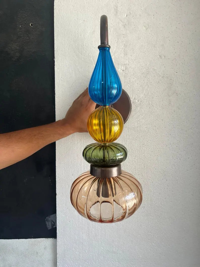 Glass Wall Sconce Light, Handmade Brass Wall Lamp, Modern Bathroom Vanity Lighting, Colored Glass Wall Fixture, Bedside Light | Les Trois Pyramides 
