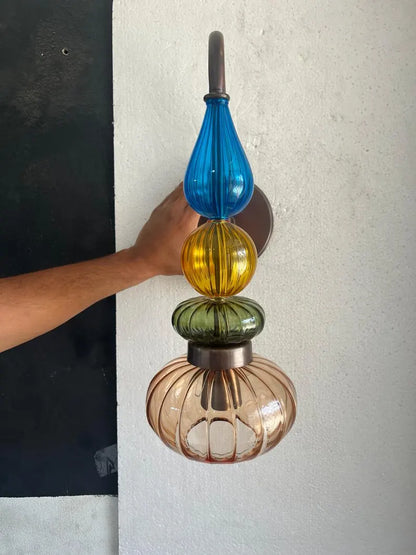 Glass Wall Sconce Light, Handmade Brass Wall Lamp, Modern Bathroom Vanity Lighting, Colored Glass Wall Fixture, Bedside Light | Les Trois Pyramides 