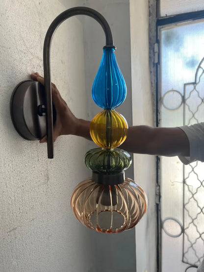 Glass Wall Sconce Light, Handmade Brass Wall Lamp, Modern Bathroom Vanity Lighting, Colored Glass Wall Fixture, Bedside Light | Les Trois Pyramides 
