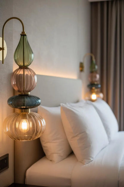 Glass Wall Sconce Light, Handmade Brass Wall Lamp, Modern Bathroom Vanity Lighting, Colored Glass Wall Fixture, Bedside Light | Les Trois Pyramides 