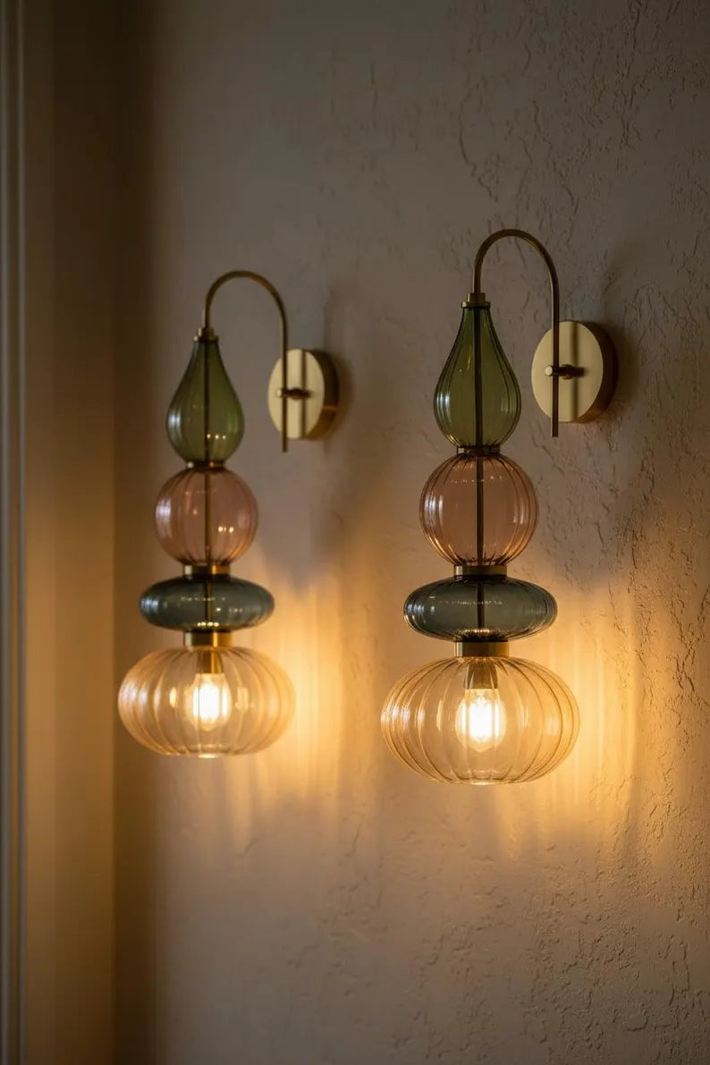 Glass Wall Sconce Light, Handmade Brass Wall Lamp, Modern Bathroom Vanity Lighting, Colored Glass Wall Fixture, Bedside Light | Les Trois Pyramides 
