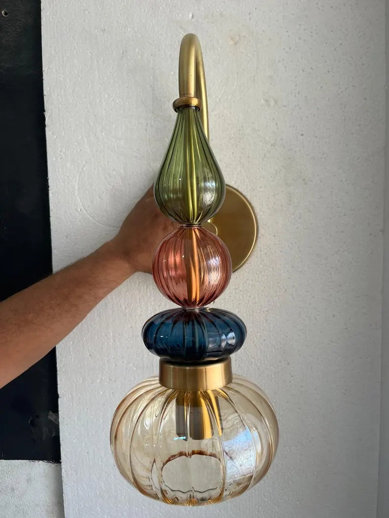 Glass Wall Sconce Light, Handmade Brass Wall Lamp, Modern Bathroom Vanity Lighting, Colored Glass Wall Fixture, Bedside Light | Les Trois Pyramides 