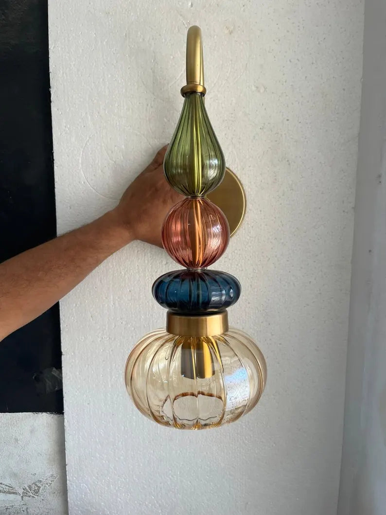Glass Wall Sconce Light, Handmade Brass Wall Lamp, Modern Bathroom Vanity Lighting, Colored Glass Wall Fixture, Bedside Light | Les Trois Pyramides 