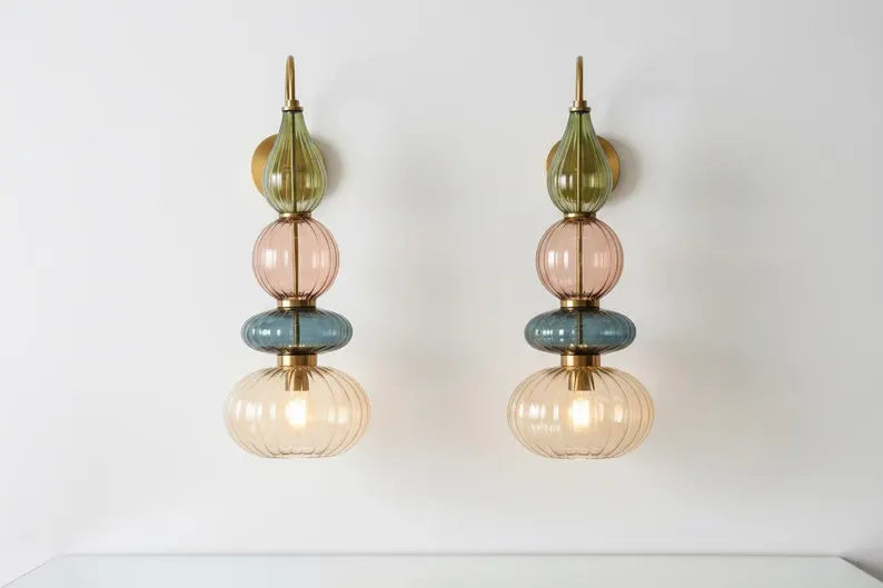 Glass Wall Sconce Light, Handmade Brass Wall Lamp, Modern Bathroom Vanity Lighting, Colored Glass Wall Fixture, Bedside Light | Les Trois Pyramides 