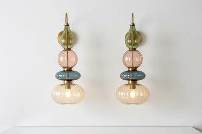 Glass Wall Sconce Light, Handmade Brass Wall Lamp, Modern Bathroom Vanity Lighting, Colored Glass Wall Fixture, Bedside Light | Les Trois Pyramides 