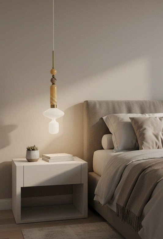 Onyx and Frosted Glass Pendant Light – Handmade Stone Pendant Lighting