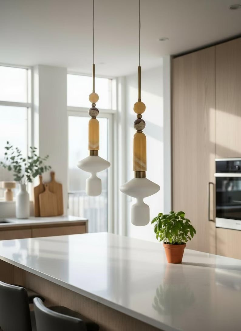 Onyx and Frosted Glass Pendant Light – Handmade Stone Pendant Lighting