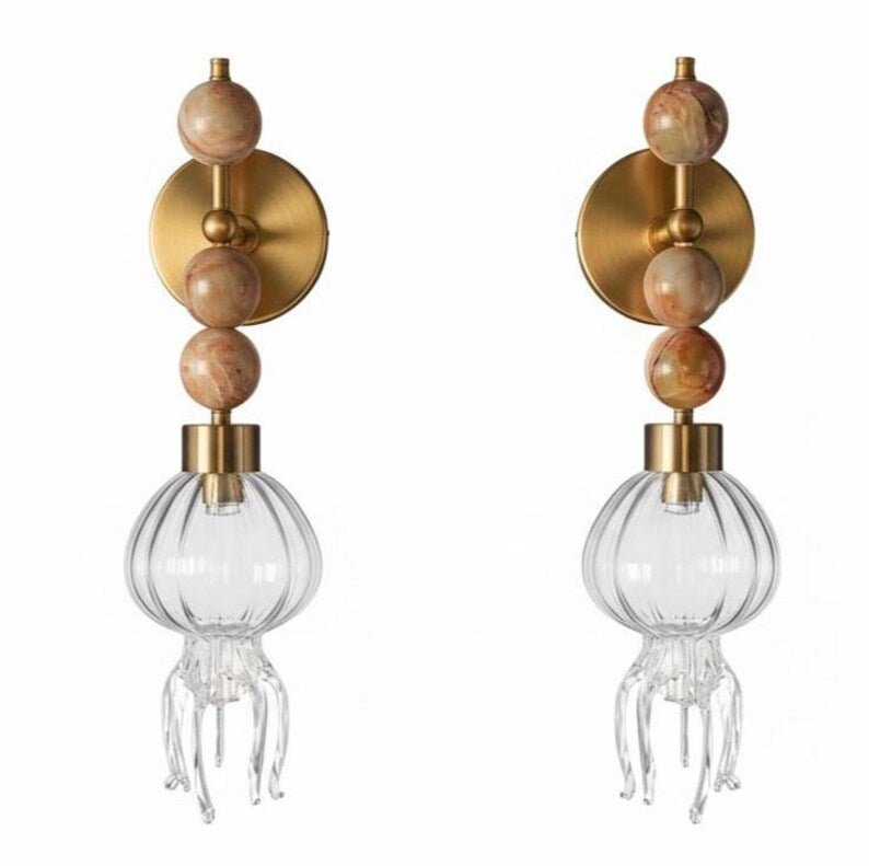 Jellyfish wall sconce with onyx stone and clear blown glass tentacles