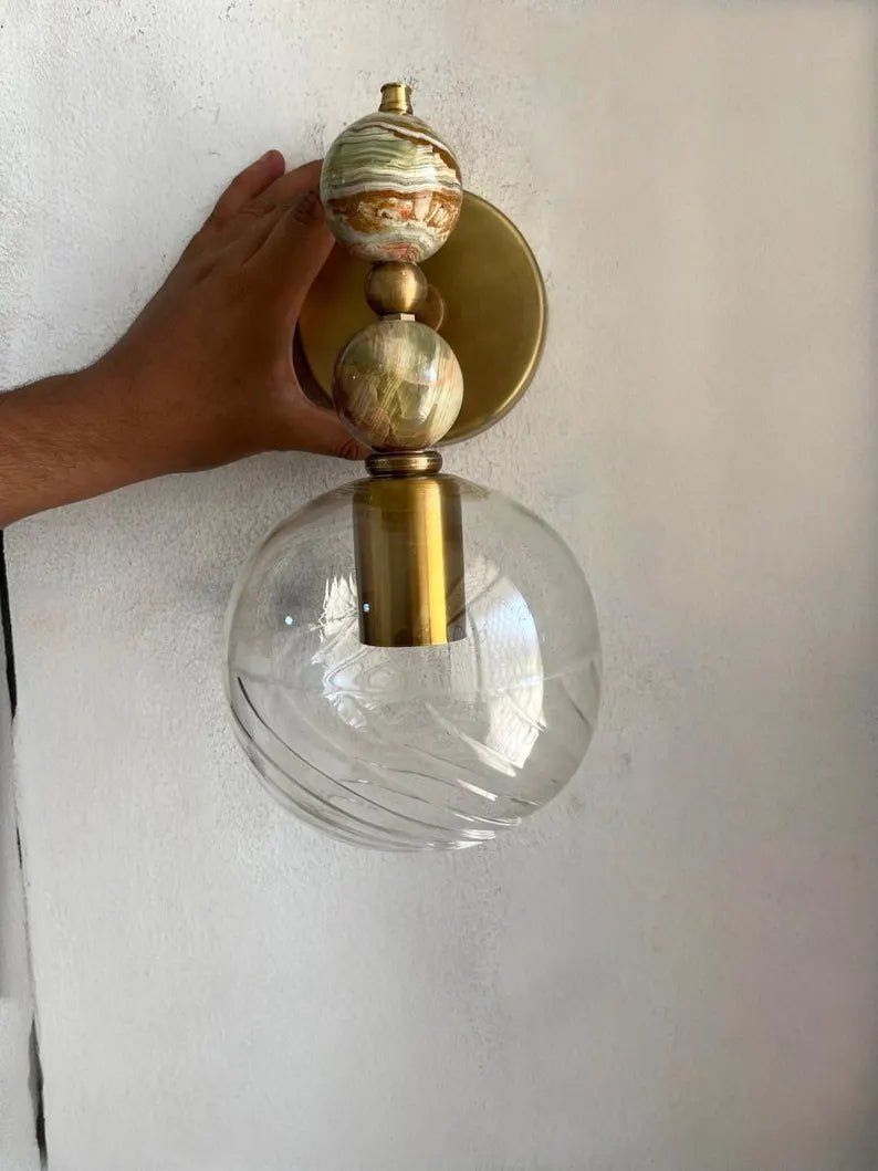 Onyx & Brass Wall Sconce Set of 2 | Blown Glass Wall Light Fixture