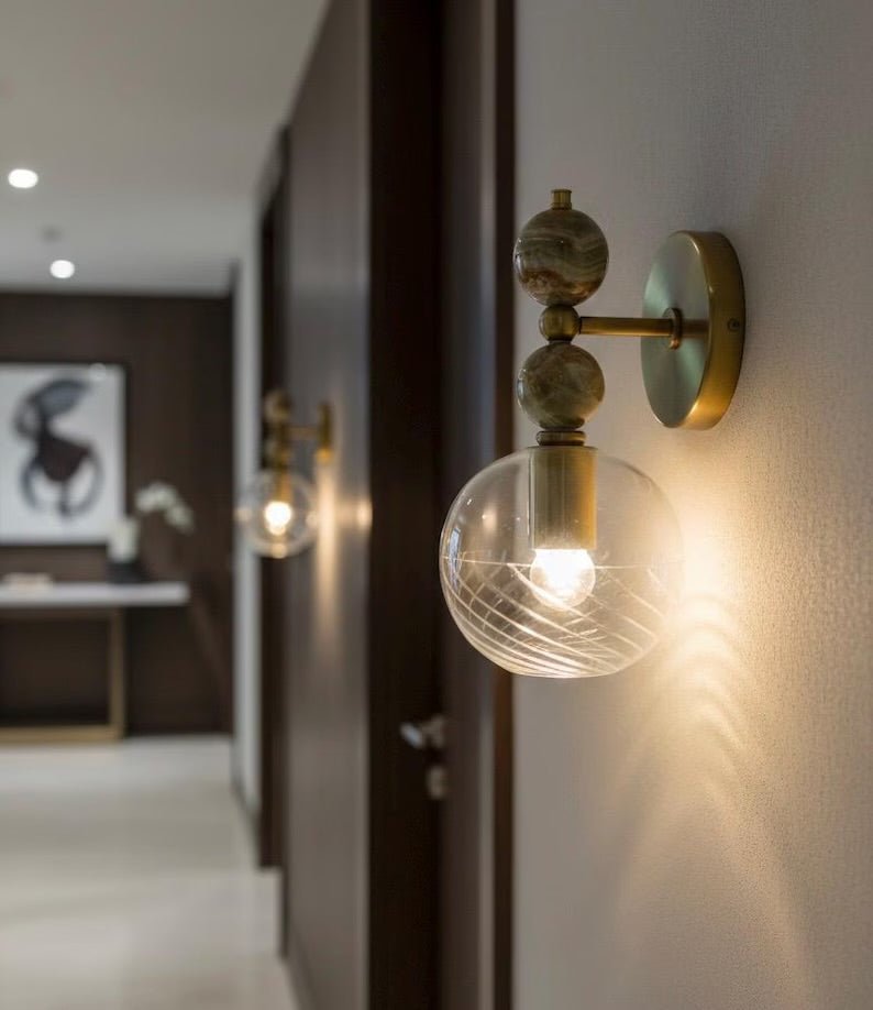 Onyx & Brass Wall Sconce Set of 2 | Blown Glass Wall Light Fixture