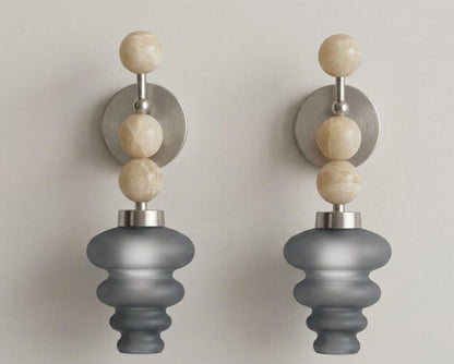 Handmade Onyx and smokey grey Frosted Glass wall sconce - Brass Finish Light Fixture - Artisan Wall Lighting | Les Trois Pyramides