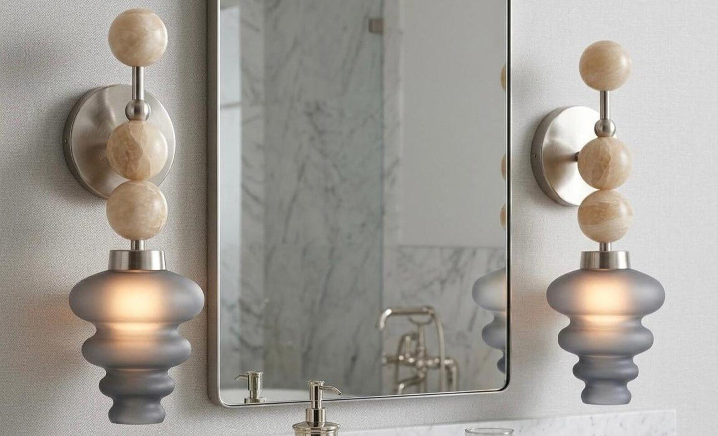 Handmade Onyx and smokey grey Frosted Glass wall sconce - Brass Finish Light Fixture - Artisan Wall Lighting | Les Trois Pyramides