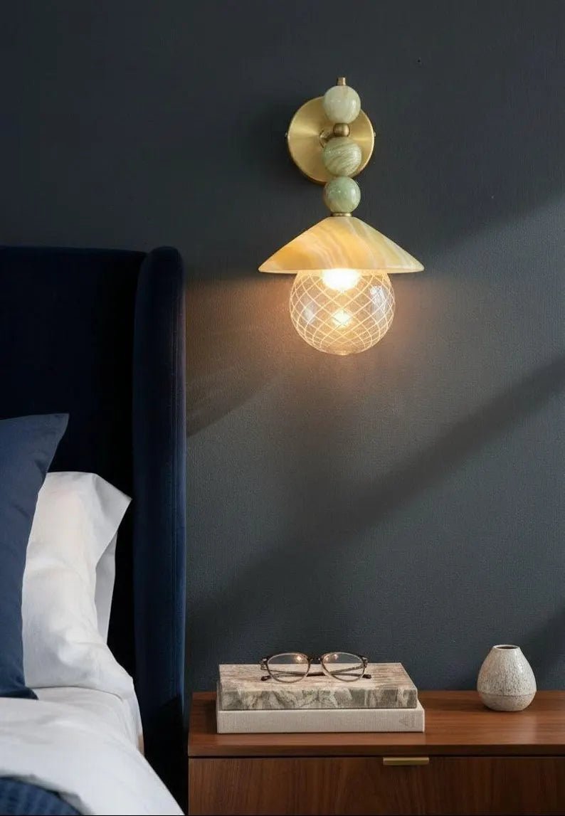 Handmade Onyx Marble Wall Sconce | Natural Stone Wall Light with Engraved Glass Shade | Les Trois Pyramides